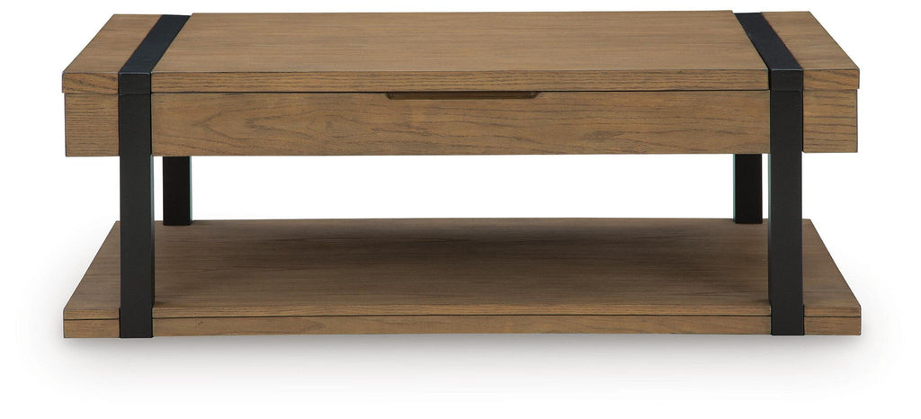 Light brown coffee table with black legs and bottom shelf, side profile
