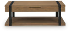 Light brown coffee table with black legs and bottom shelf, side profile