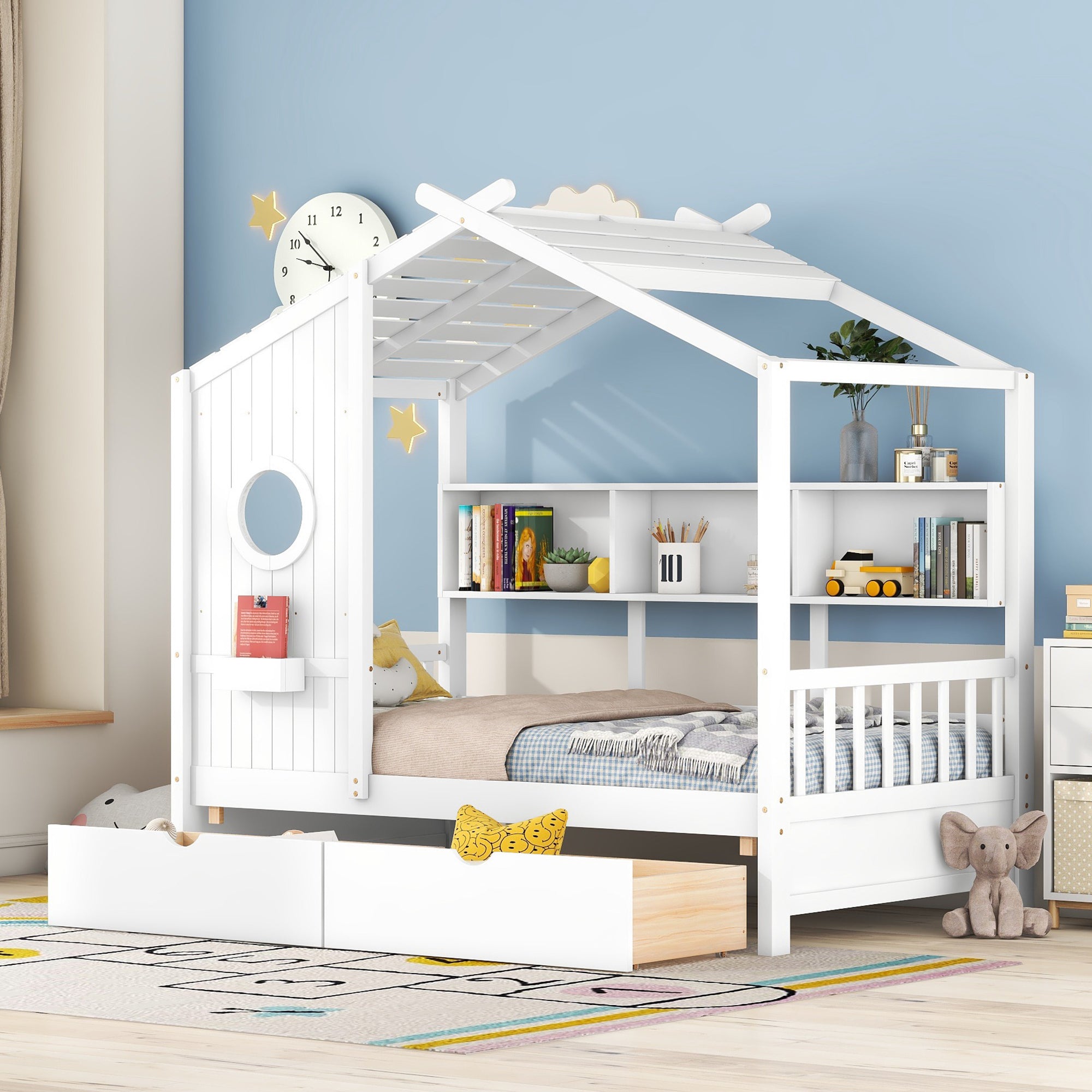 White Wooden Twin House Bed with 2 Drawers & Storage Shelf for Kids