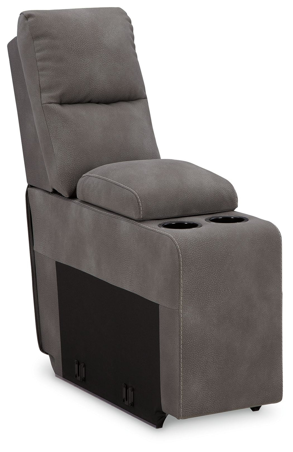 Slate gray upholstered console with storage, padded arms and two cup holders