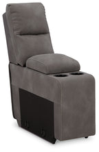 Slate gray upholstered console with storage, padded arms and two cup holders
