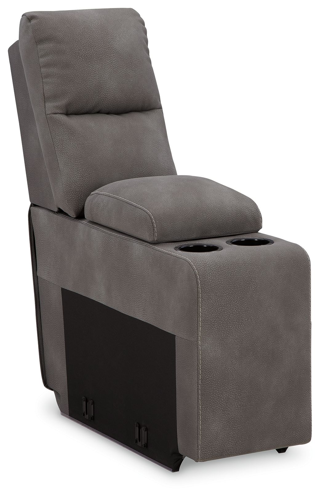 Slate gray upholstered console with storage, padded arms and two cup holders
