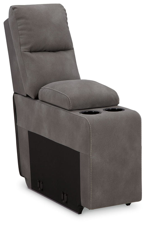 Slate gray upholstered console with storage, padded arms and two cup holders
