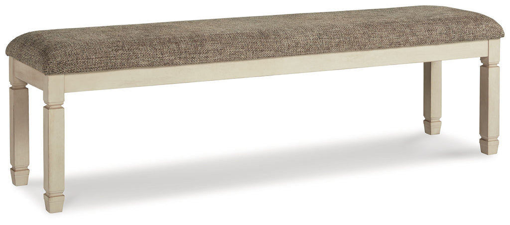 Upholstered bench with taupe-brown fabric top and light beige turned wood legs