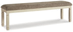 Upholstered bench with taupe-brown fabric top and light beige turned wood legs