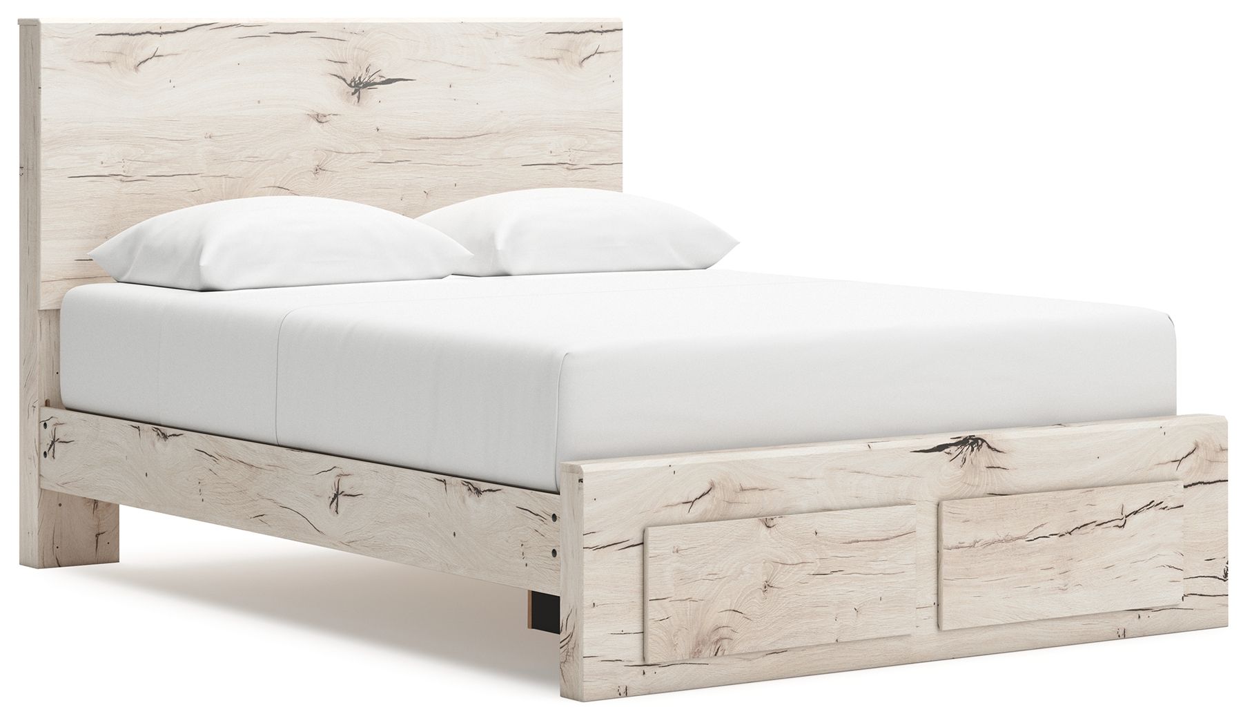 Panel bed with storage, white mattress, side drawer unit in light wood