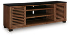 Dark brown TV stand with open shelves and slatted side panels, no fireplace