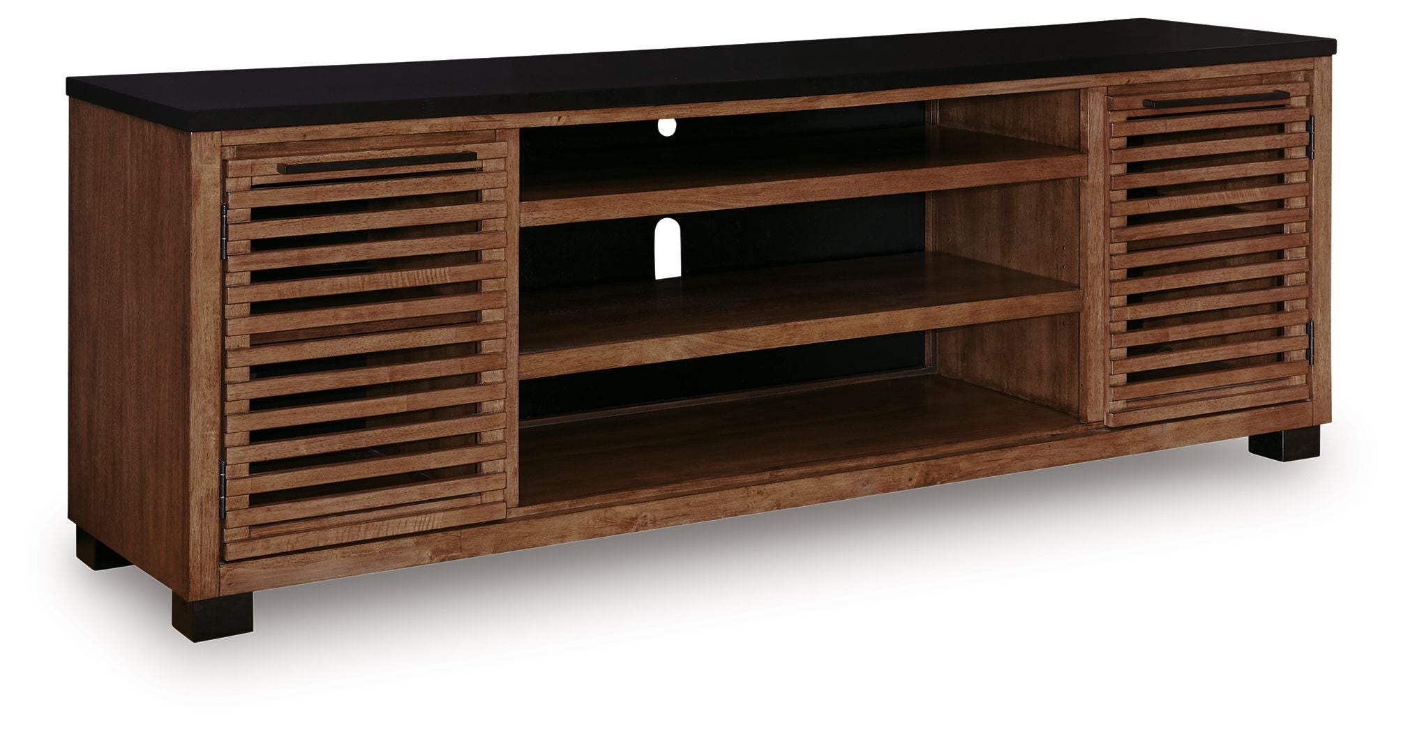 Dark brown TV stand with open shelves and slatted side panels, no fireplace