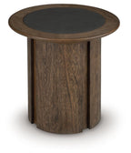 Dontayne round table with dark top and dark brown wood pedestal, front view.