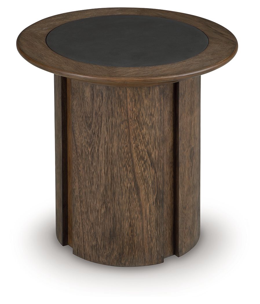 Dontayne round table with dark top and dark brown wood pedestal, front view.