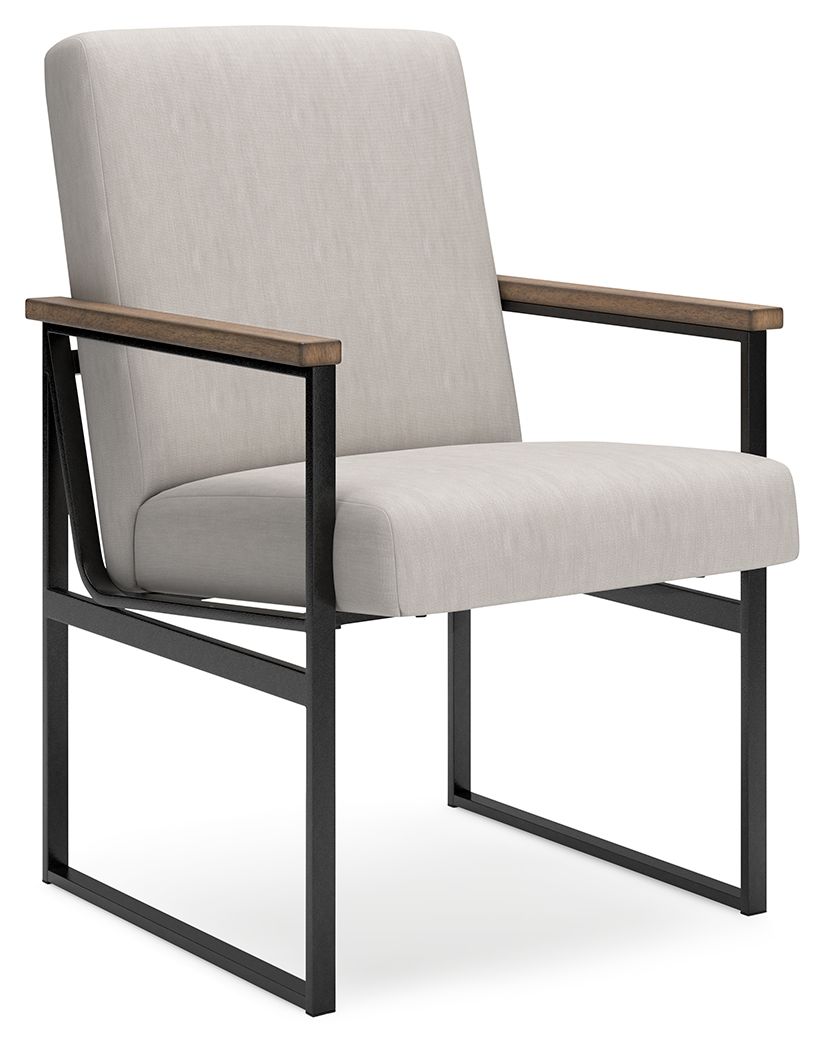 Light beige upholstered armchair with wood armrests and dark metal frame