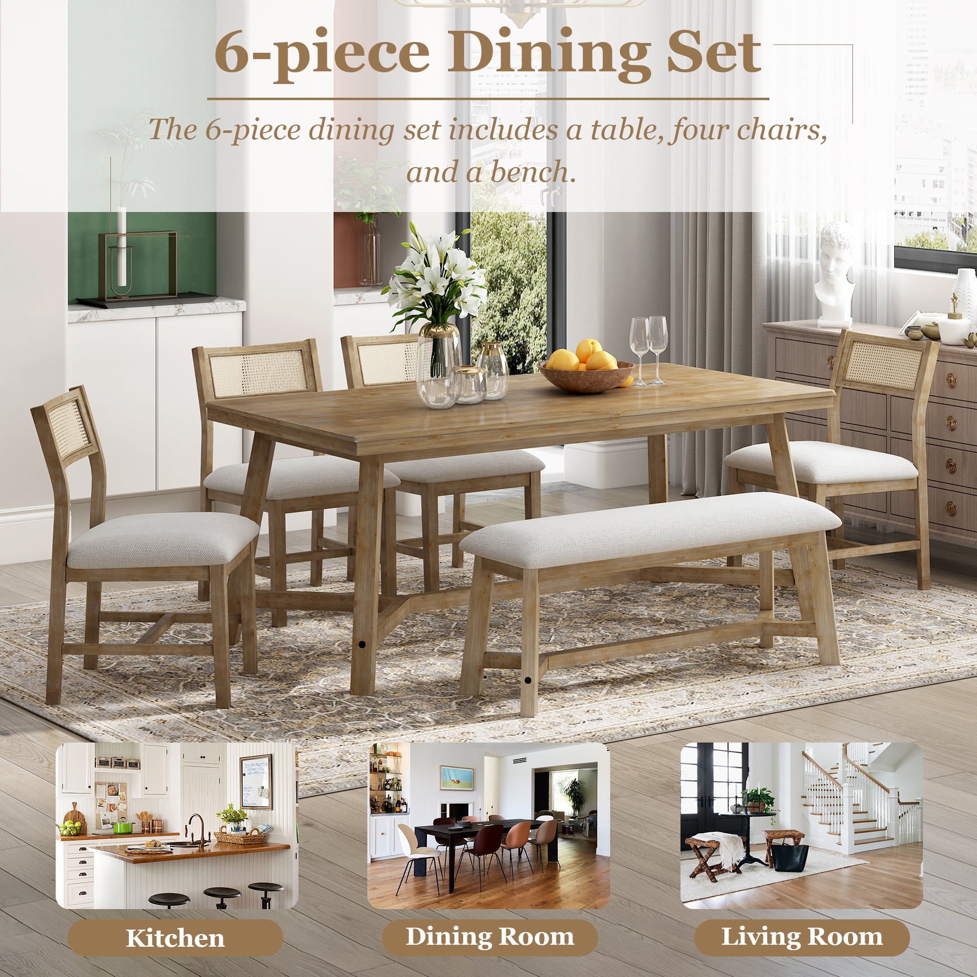 6-Piece Farmhouse Dining Set (Natural Wood)