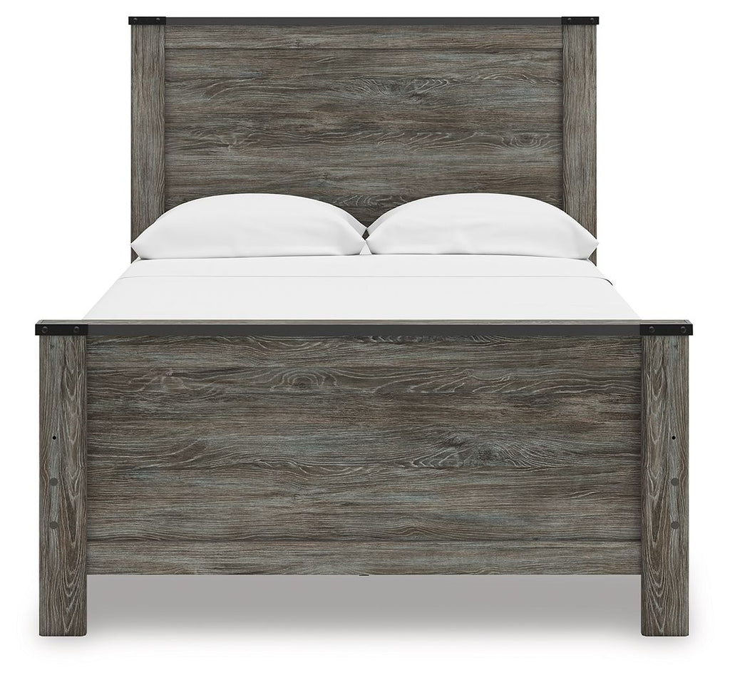Gray wood panel bed with headboard, two white pillows, and white-sheeted mattress