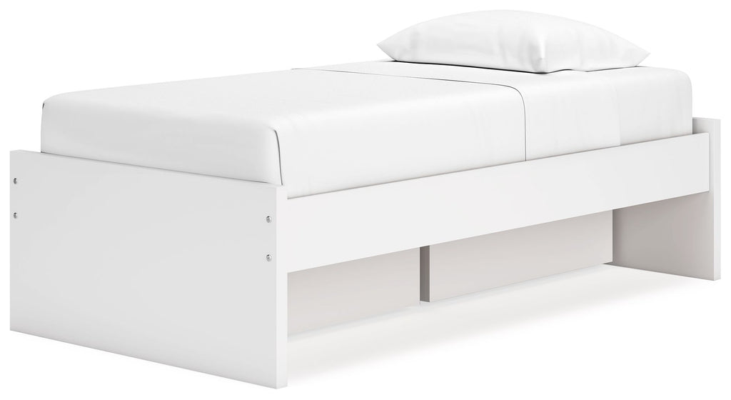 White platform bed with integrated side drawers under the mattress support