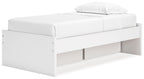 White platform bed with integrated side drawers under the mattress support