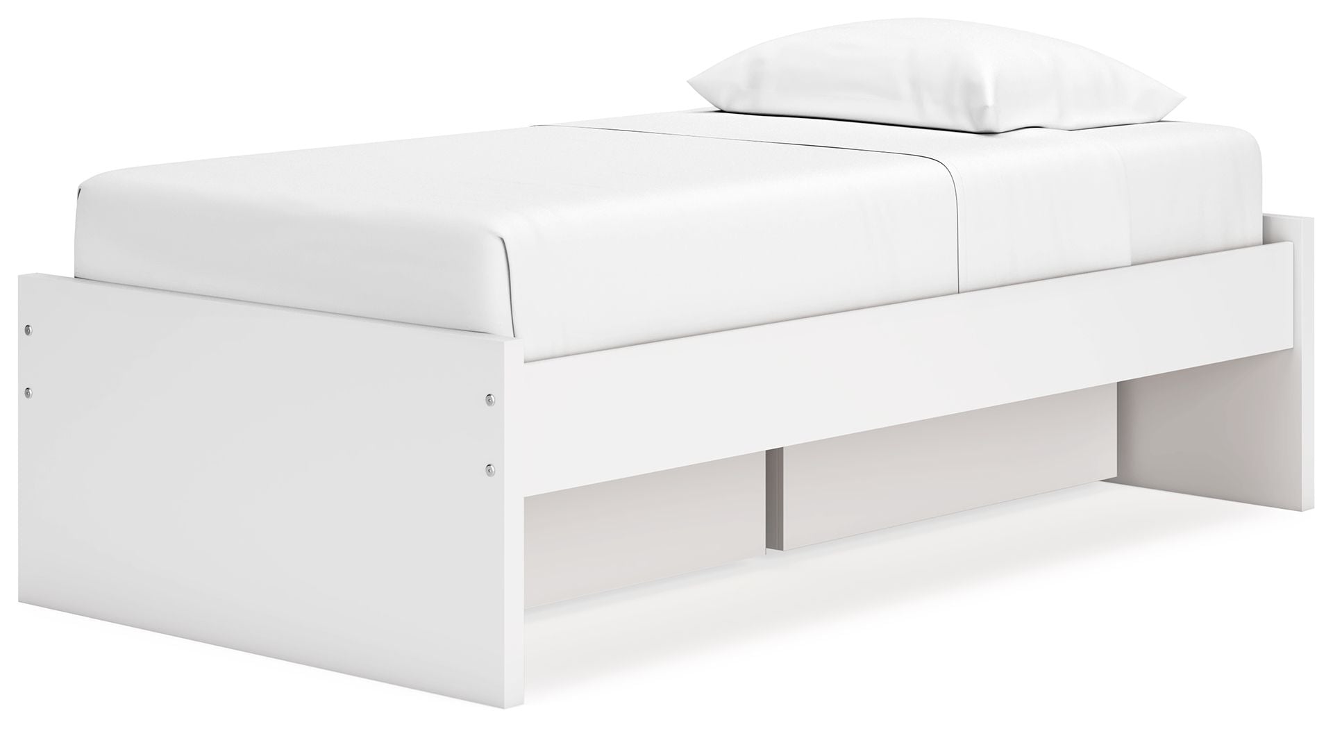 White platform bed with integrated side drawers under the mattress support