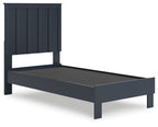 Blue platform bed frame with panel headboard, dark slatted side rails, no mattress