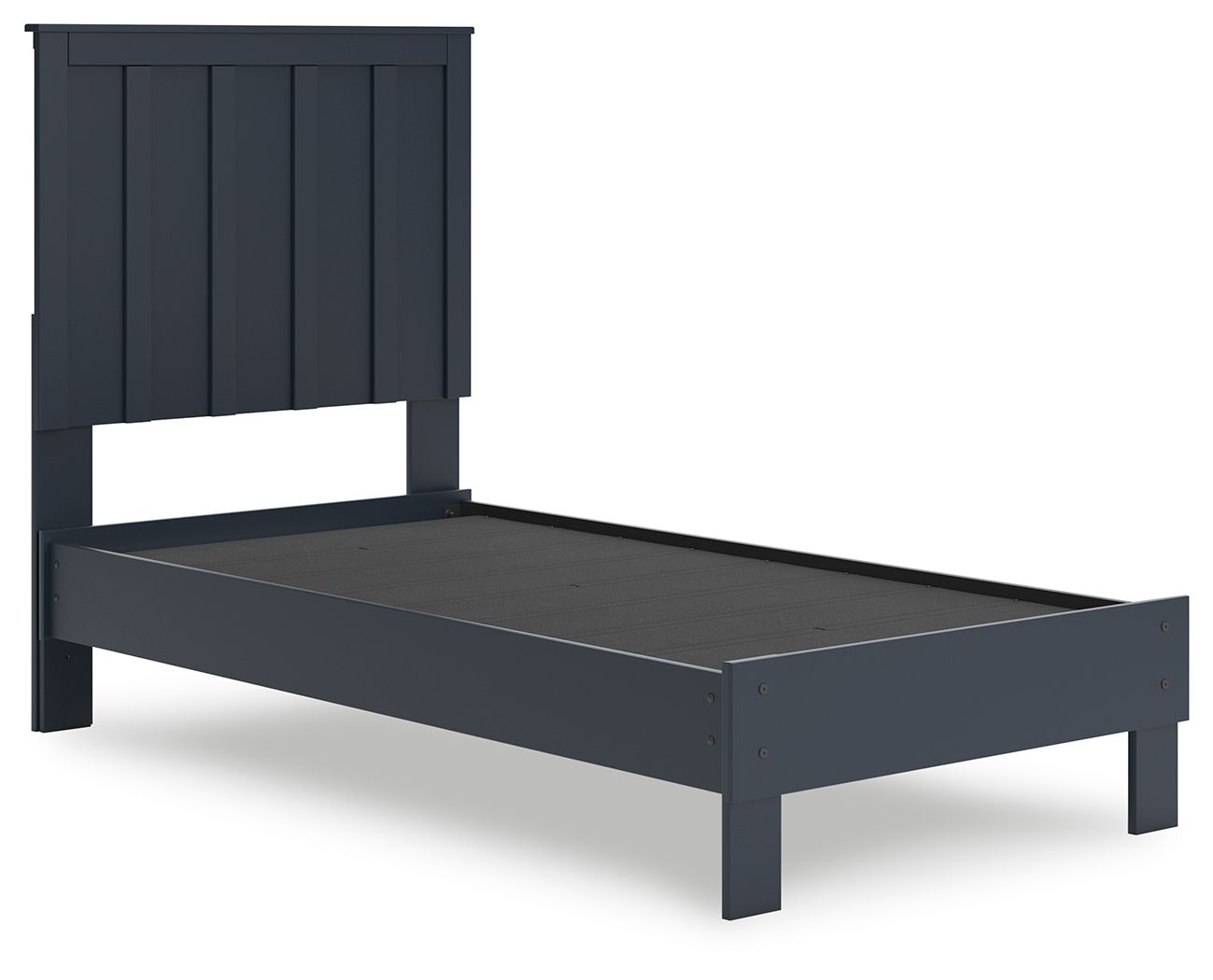 Blue platform bed frame with panel headboard, dark slatted side rails, no mattress