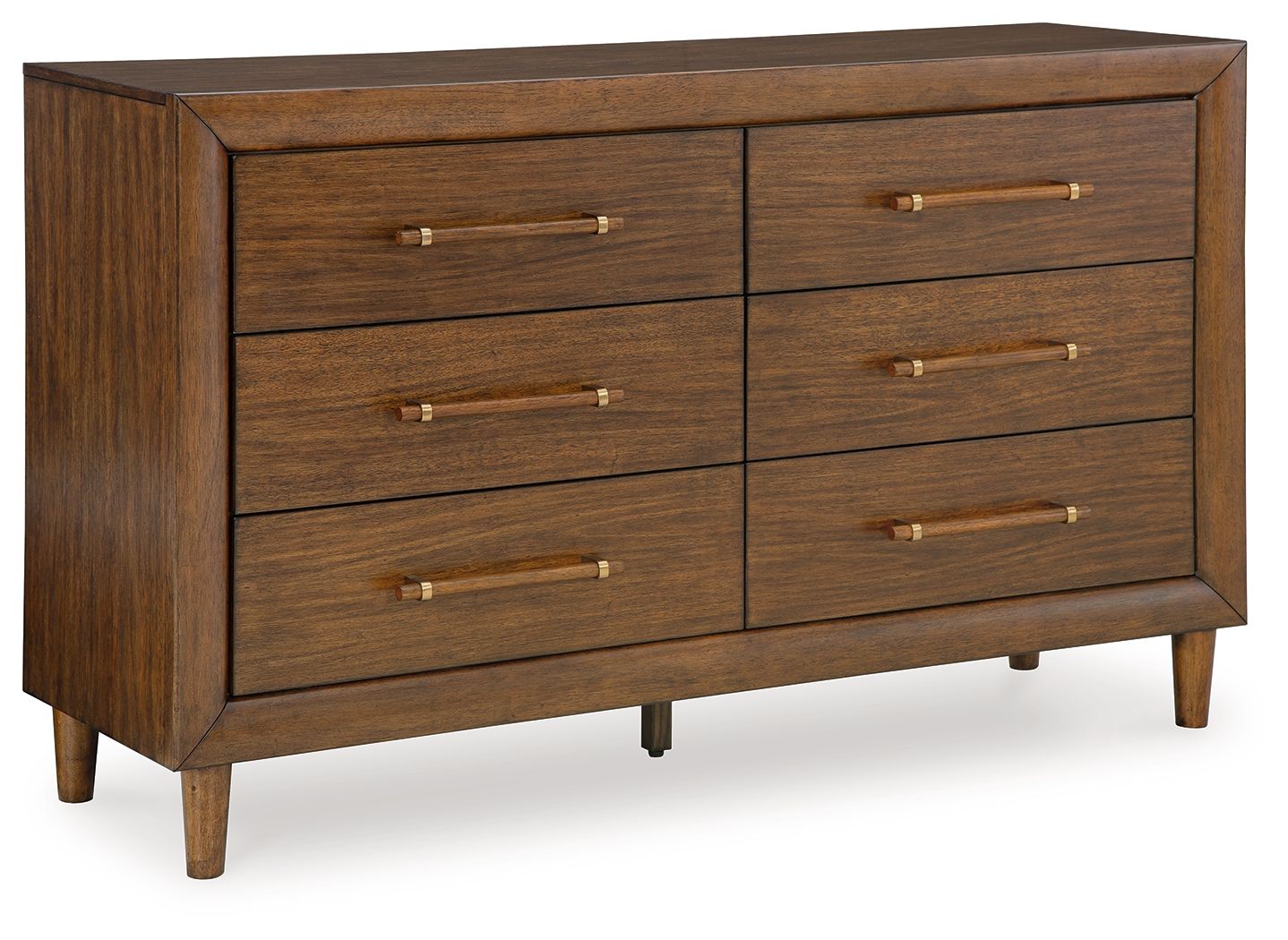 Dark brown wooden dresser with six drawers and brass bar pulls, tapered legs