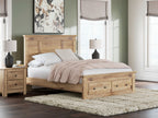 Light brown panel storage bed with side drawers and fitted bedding set