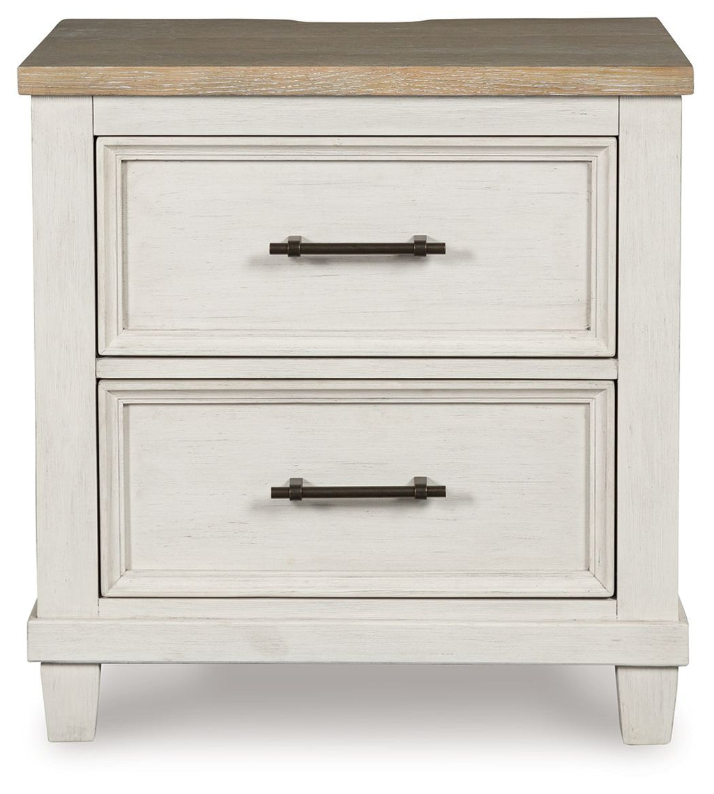 Antique white two-drawer night stand with two front drawers and brushed metal bar pulls
