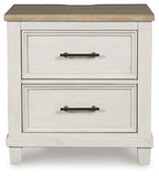 Antique white two-drawer night stand with two front drawers and brushed metal bar pulls