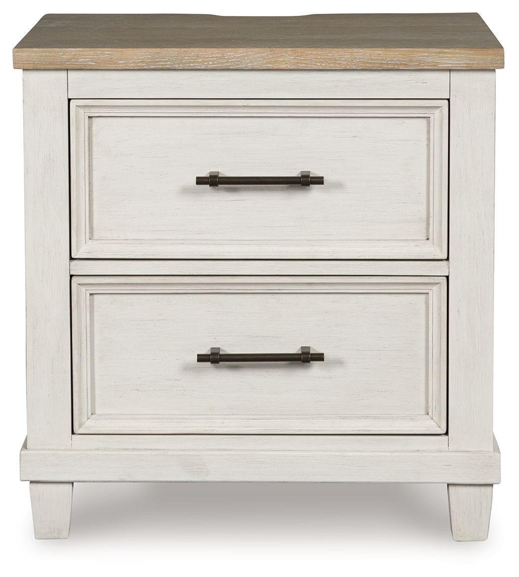 Antique white two-drawer night stand with two front drawers and brushed metal bar pulls