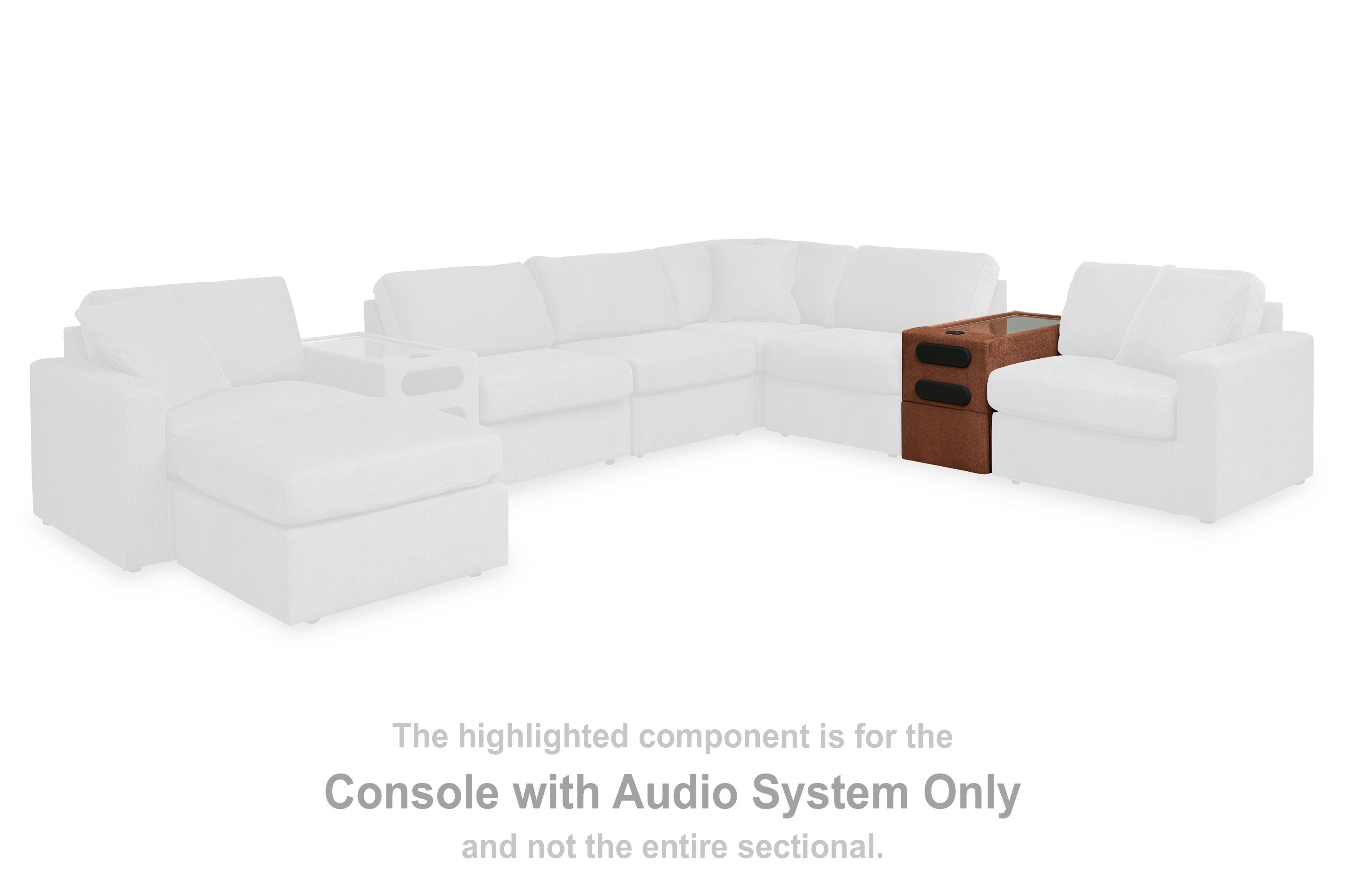Modmax console with audio system component in white sectional sofa