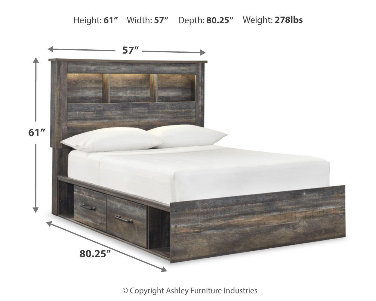 Dark gray panel bed frame with slatted headboard and two front drawers