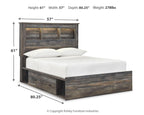 Dark gray panel bed frame with slatted headboard and two front drawers