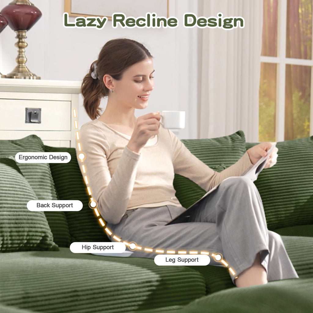 Green corduroy sectional sofa with chaise recline-style seating section