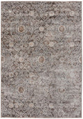Dark brown and gray area rug with distressed ornate medallion pattern, rectangular.
