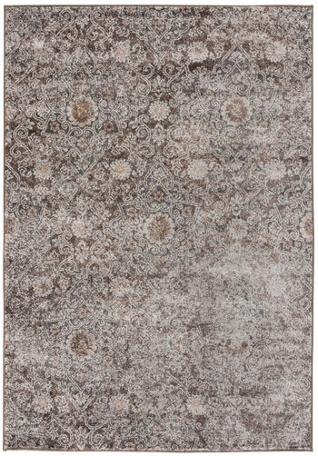 Dark brown and gray area rug with distressed ornate medallion pattern, rectangular.