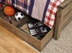 Dark brown panel bed with pull-out storage drawer at foot, items inside drawer