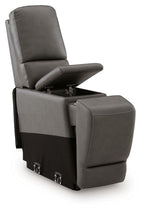 Gray upholstered recliner chair with ottoman-style footrest and storage compartment