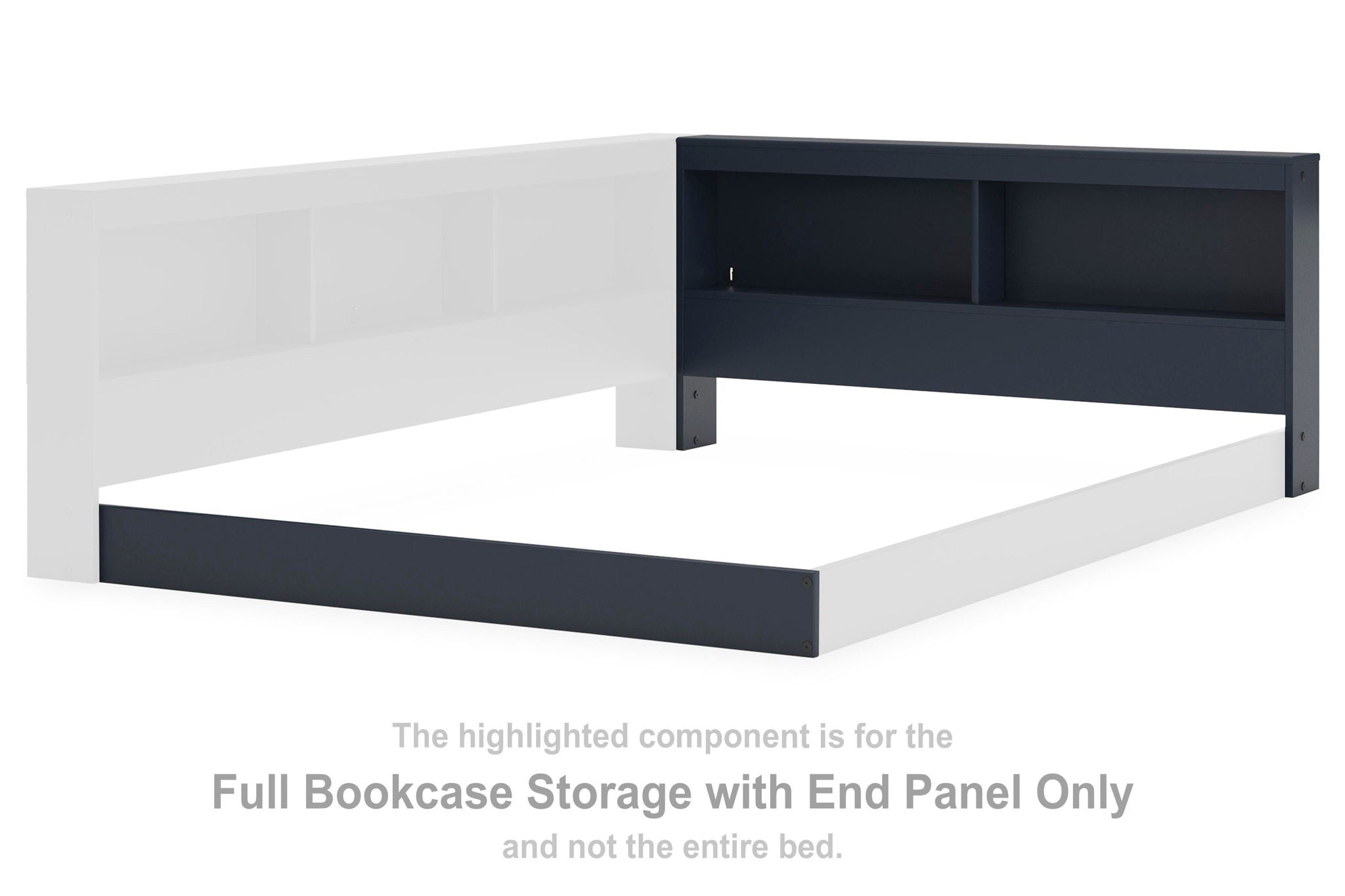 Navy blue bookcase storage unit with end panel and open shelves