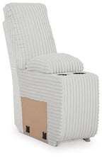 Ribbed light-gray upholstered console chair with storage and padded armrest cushion