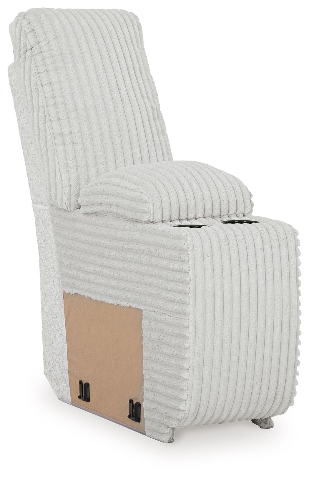 Ribbed light-gray upholstered console chair with storage and padded armrest cushion