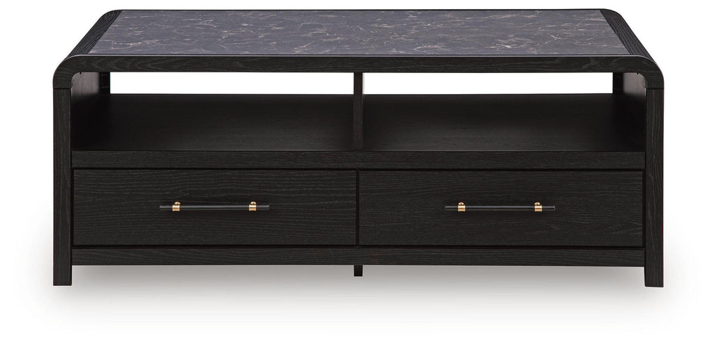 Black rectangular table with two drawers and a central support beam, top-front view.