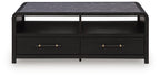Black rectangular table with two drawers and a central support beam, top-front view.