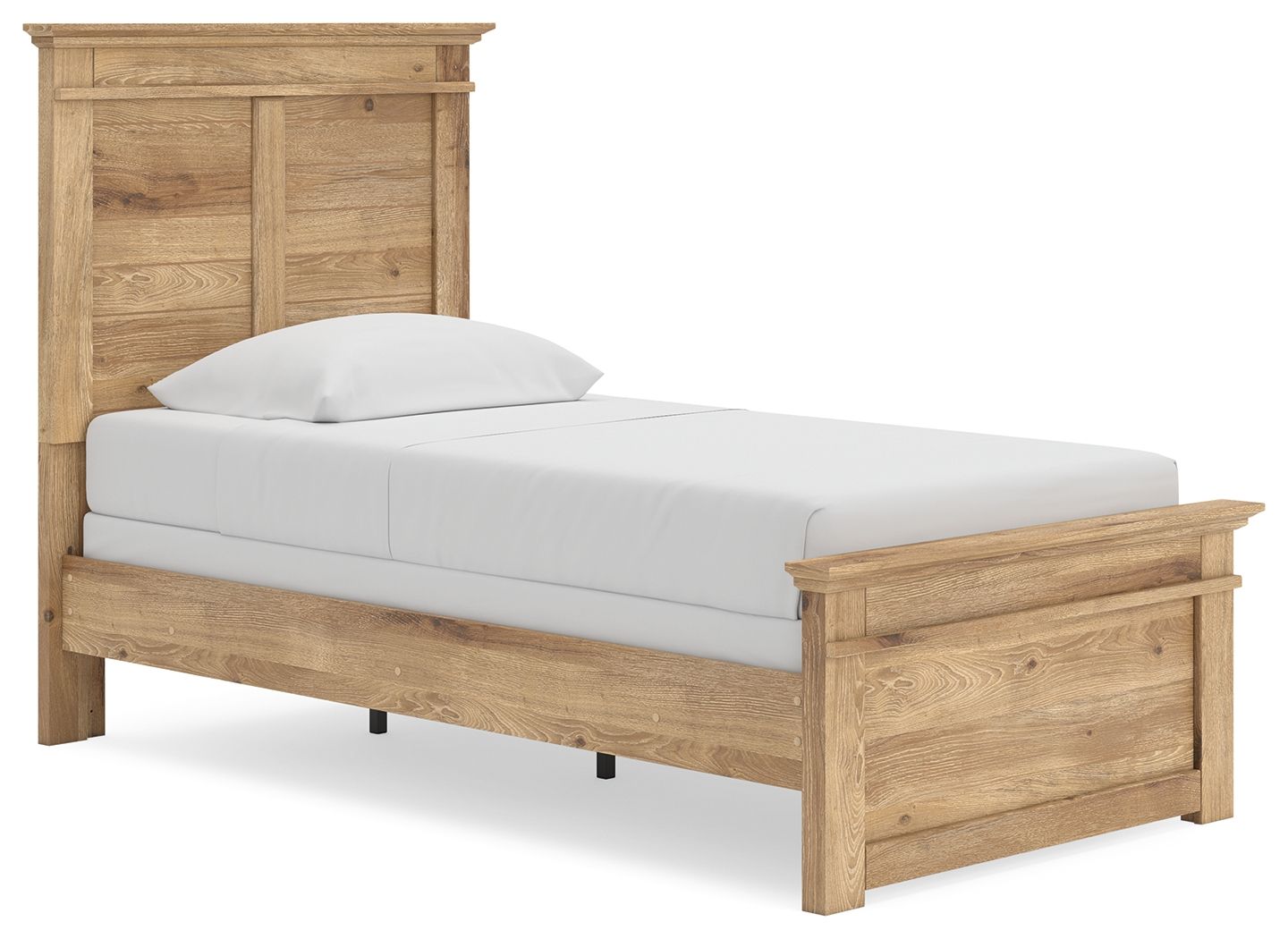 Light brown panel bed with straight legs, paneled headboard, and white bedding