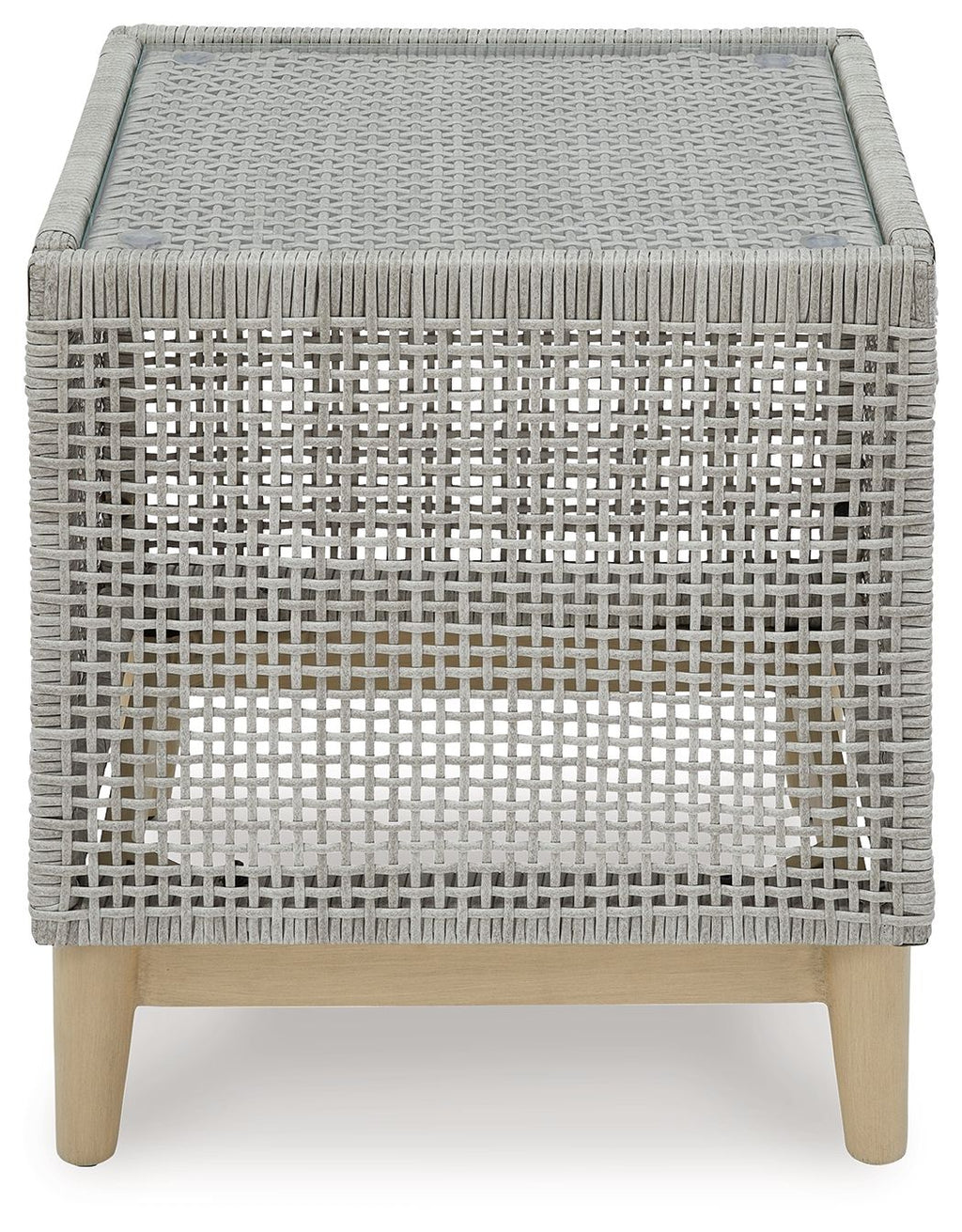 Gray square side table with woven top and lattice pattern front, wood legs