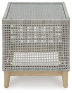 Gray square side table with woven top and lattice pattern front, wood legs