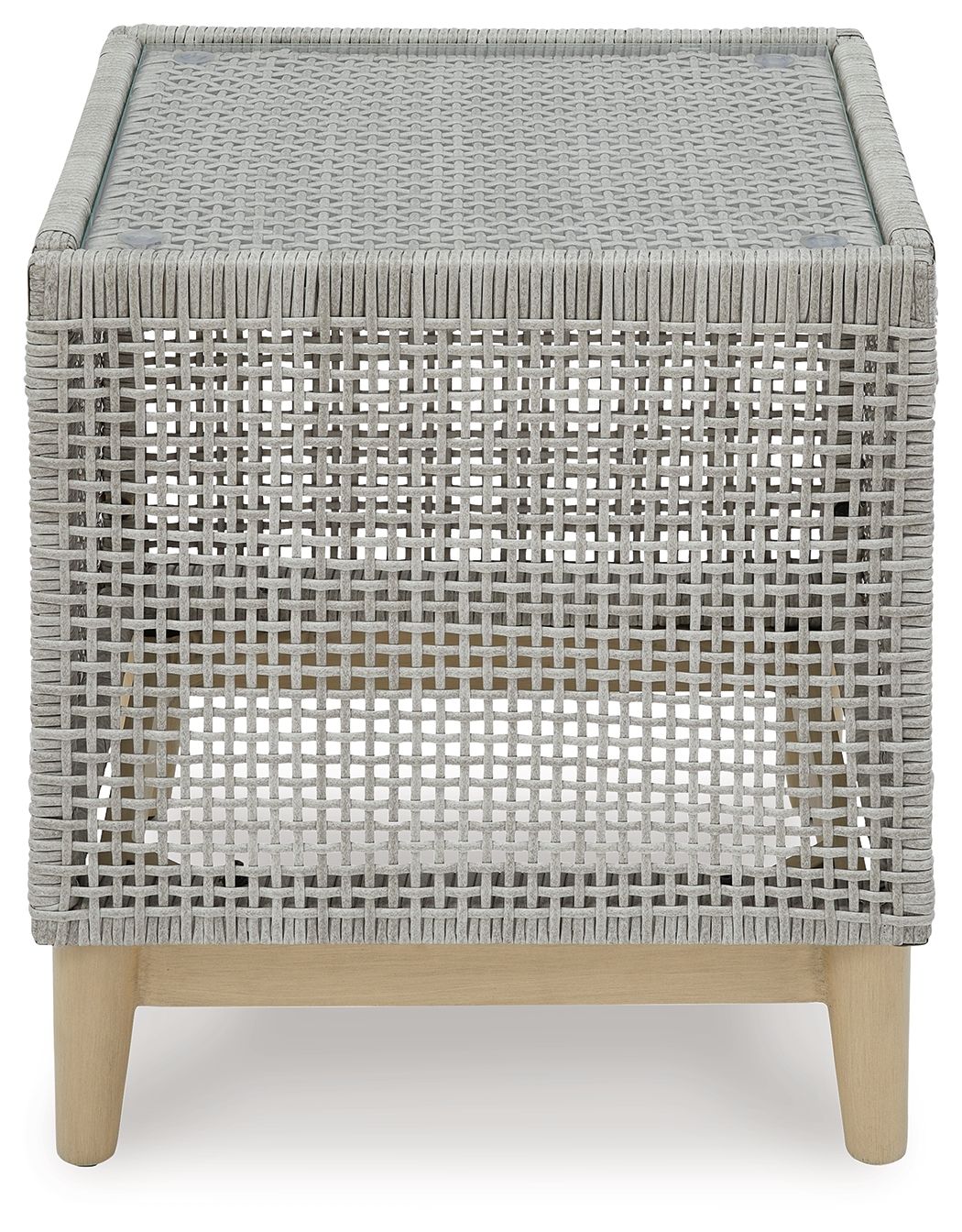 Gray square side table with woven top and lattice pattern front, wood legs
