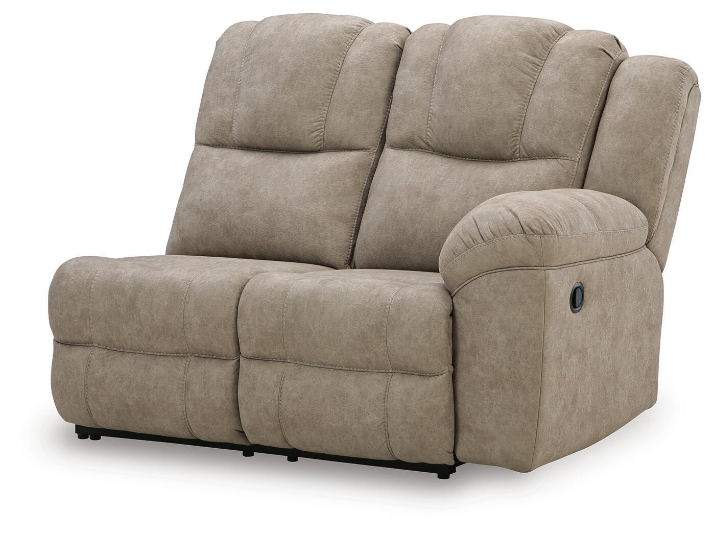 Reclining loveseat chair in beige fabric with side armrest and split back cushions