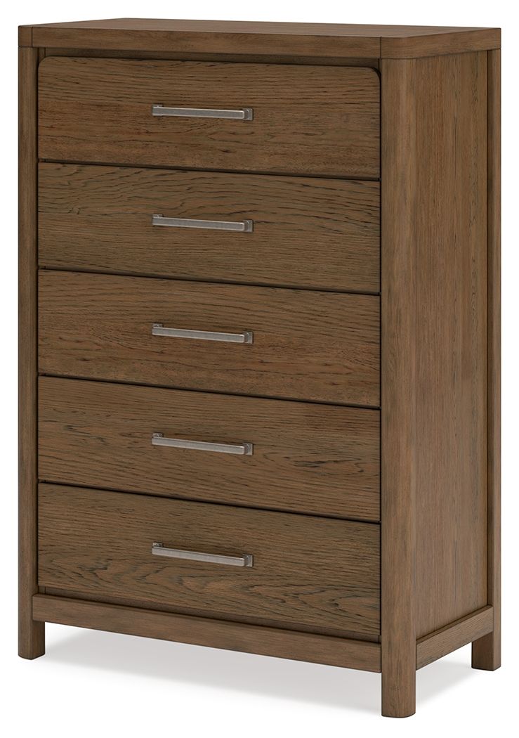 Light brown five-drawer chest with metal bar pulls and angled wooden feet