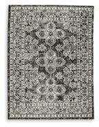 Glennisman rug, rectangular vintage medallion pattern in gray with dark accents, border