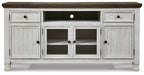 Extra-large TV stand with brown top, white doors, and open center shelves