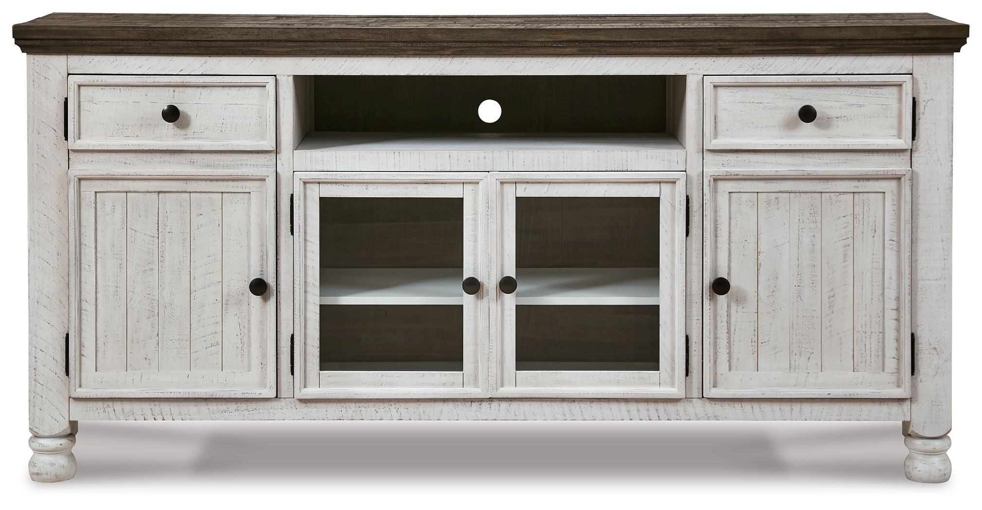 Extra-large TV stand with brown top, white doors, and open center shelves