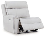 Light gray power recliner with extended footrest and full back support